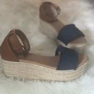 Denim and camel colored wedged sandal